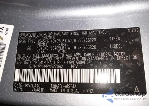 2023 Toyota Highlander Platinum z USA, uszkodzony, nr VIN 5TDKDRBH9PS527062